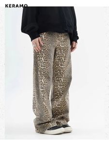 Vintage leopardo impressão jeans mulheres primavera oversize casual hip pop perna larga calças tendência cintura alta pantera denim calças senhoras 240309