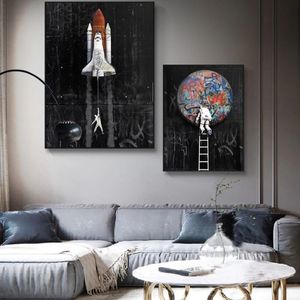 Graffiti arte astronauta espaço sonhando nave espacial pintura em tela fotos de parede para sala estar cartazes e impressões casa decor275r