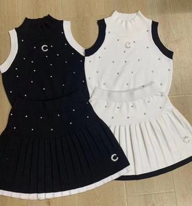 2024 Spring Knitted Women Vest Sleeveless Top Skirts Set Luxury Designer Letters Contrast Color Tees Pleated Skirt Outfit Elegant Casual Daily Woman Dress Set