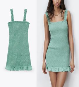 Textured Weave Mini Summer Dress Women Sleeveless Straps Ruffle Elastic Smocked Vintage Beach Woman Green es 2105189111231