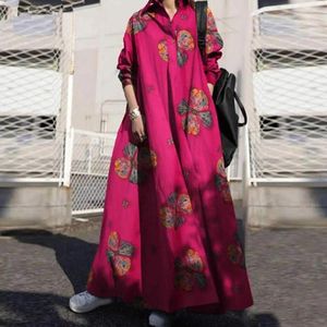 Abiti casual Abito stile etnico Stampa floreale Maxi con colletto rovesciato per donna A-line Vestibilità ampia Taglie forti Lunghezza alla caviglia