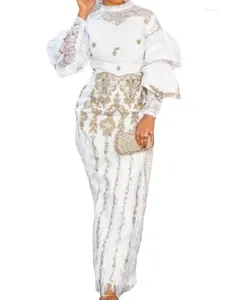 Sukienki swobodne formalne białe zestawy spodni dla kobiet elegancka haft koronkowy kpinowy szyja bluzka z długim rękawem bluzka