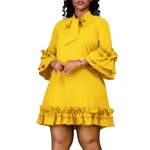 Ruffle hylsa kvinnor mode elegant plus size klänningar damer snörning krage casual klänningar veckade vintage designer party klänning vestidos blus kvinnkläder 3xl