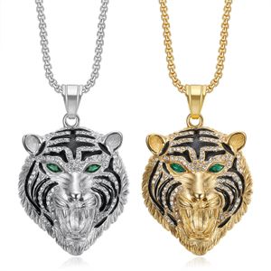 Lejonhuvudhalsband - djärv unisex tillbehör inspirerande mod och stil hiphop smycken rostfritt stål guld pläterad full diamantröd och gröna ögon tiger huvudhänge