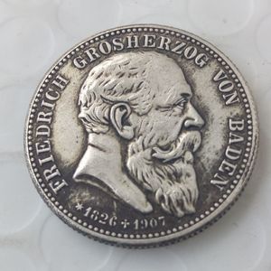 1907 Stati tedeschi BADEN 2 Mark Copia in argento Moneta in ottone Ornamenti artigianali replica monete Accessori per la decorazione della casa212J