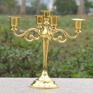 Goldener Metall-Kerzenhalter, 5-armiger Kerzenständer, 27 cm hoch, Hochzeits-Event-Kandelaber-Kerzenständer2605