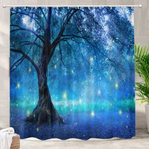 Gardiner Fairy Trees Forest Shower Curtain, Mystical Fantasy Forest Blue Nature Bath Curtain, Waterproof Fabric duschgardin för badrum