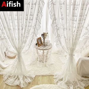 Curtains White Linen Sheer Embroidered Tulle Curtain for Girl Princess Bedroom French Romantic Ruffled Lace Voile Window Decoration Drape