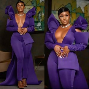 2024 Purple Jumpsuit Prom -klänningar Långa ärmar som kastar V Neck Ruffles Sop Train Evening Party Glowns Plus Size Custom Made Formal Occase Wear