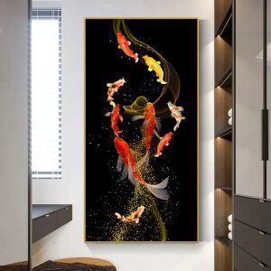 Kalligrafi gyllene koi fisk feng shui karp bilder duk målar väggkonst för vardagsrum modern galleri inre heminredning ingen ram