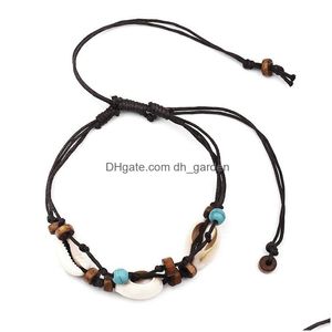 Tornozeleiras Bohemian Tecido Shell Cera Corda Tornozelo Pulseiras para Mulheres Moda Handmade Trança De Madeira Grânulos Praia Pé Jóias Atacado Drop Dhqh9