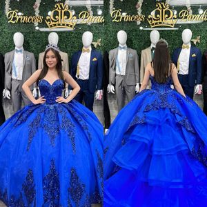 Azul real princesa quinceanera vestidos de baile querida lantejoulas apliques vestido de quinceanera tule doce 15 vestido de máscaras