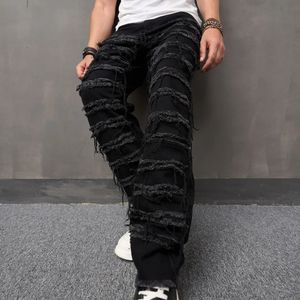 Homens High Street Elegante Rasgado Patch Jeans Calças Masculino Solto Reto Sólido Casual Calças Jeans 230226