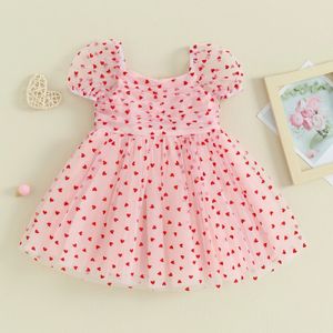 Citgeett Summer Valentines Day Kids Baby Girls Dress Short Puff Sleeve Heart Print Tulle Tulle Cute Princess Pik Clothes 240228