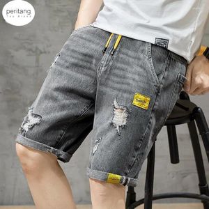 Männer Jeans Sommer Strand Casual Männer Shorts Gerade Zerrissene Knie Länge Denim Kordelzug Lose Loch Männliche Kurze