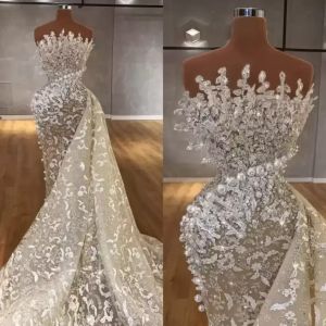 Designer Mermaid Wedding Dresses Bridal Gown Luxury Lace Applique Beaded Pearls Sweep Train Organza Designer Illusion Custom Made Plus Size vestido de novia