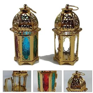 Gold European Castle Candlestick Vintage Hanging Candle Holder Marockan Glass Lantern Wedding Home Decor Ornament 240301