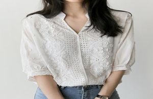 Chemise femme 2018 nova moda verão bordado flor camisas meia manga camisa branca blusa de algodão com decote em v casual das mulheres topos7567333