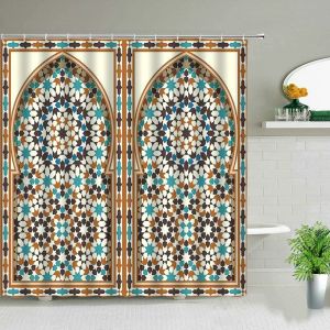 Cortinas de tecido à prova d'água, cortina de chuveiro, arco árabe, marrocos, portas antigas, impressão, tela de banho, porta de madeira antiga, cortinas de banheiro com gancho