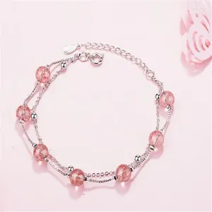 Link pulseiras venda rosa pó cristal quartzo natural pedra pulseira cordão elástico jóias grânulos amantes mulher presente atacado