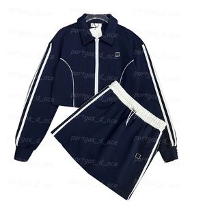 Kontrastfarbene Damen-Jacken-Rock-Outfits, lässiger Langarm-Trainingsanzug, elegante Marineblaue Damen-Sportbekleidung