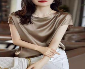 Jedwabne cienkie koszulki z krótkim rękawem Koreańskie w stylu Kobieta letnia ubrania Eleganckie czarne brązowe wierzch