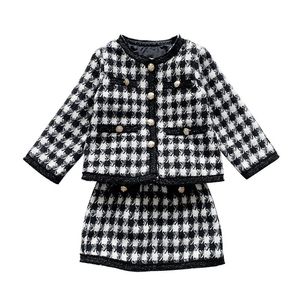 Meninas Tweed Plaid Suit Autumn Korean Fashion Plaid Elegant Small Flagrant Wind Jacket Skirt 2pcs Conjuntos 240301