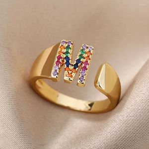 Cluster Rings Aesthetic Colorful Crystal Zircon A K M R S Z For Women Vintage Initial Letter Wedding 2024 Trend Fine Jewelry Gifts