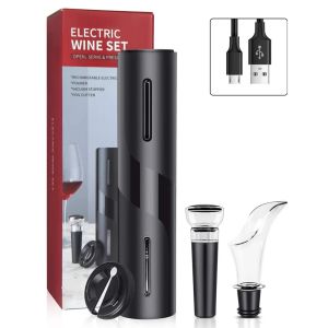 Öppnare 4 i 1 Electric Wine Bottle Opener USB RECHARGABLE AUTOMATISK RÖD VIN KORKSCREW FOIL CUTER VACUUM STOPPER AILER POURER SET