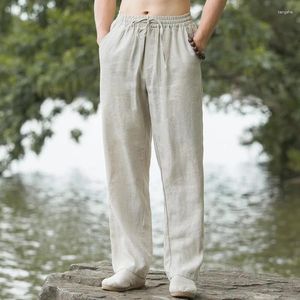 Pantaloni da uomo in lino per l'estate sottili e traspiranti di mezza età in cotone giovane a gamba larga casual di grandi dimensioni alla moda