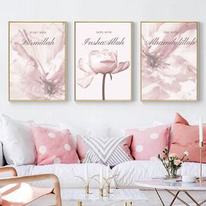 Pink Floral Islamic Canvas Mural Bismillah Prints Wall Art Gifts Affisch Affiche Islamiqu målning vardagsrum heminredning målningar277k