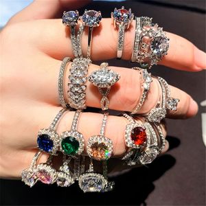 Lüks evli elmas tasarımcı yüzüğü kadın için 925 STERLING Gümüş Kalp Yuvarlak Mavi Kırmızı 5a Zirkonia Aşk Düğün Nişan Yüzükleri Takı Kadın Hediye Kutusu Boyutu 5-9