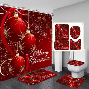Gardiner röd juldekor duschgardin Santa älg jul vattentät polyesterbad gardin hem nyår sovrum tecknad gardiner