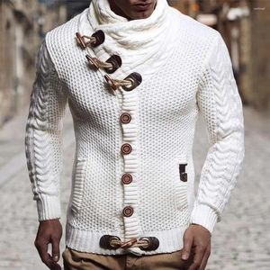 Camisolas masculinas homens cardigan camisola chifre botões gola alta manga longa outono inverno fino ajuste de malha