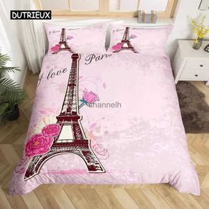 Conjuntos de edredons Torre Eiffel Conjunto de capa de edredão King Paris Building Temático Conjunto de cama de casal Poliéster Cityscape Romântico Rosa Rosa Capa de edredão YQ240313