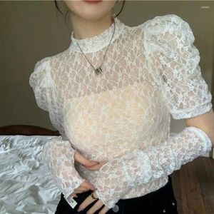 Women's Blouses QWEEK Transparent Blouse Kawaii Lace White Shirt Women Tunic Korean Fashion Summer Top Long Sleeve Fairycore Y2k Streetwear