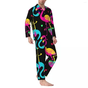 Mäns sömnkläder Färgglada Flamingo Print Pyjama Set Autumn Animal Art Söta mjuka nattmän Två bit vintage tryckt nattkläder