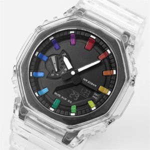 Orologio sportivo da uomo al quarzo digitale a colori trasparenti 2100 Orologio mondiale con funzionalità complete, quadrante grande, LED impermeabile, serie Oak