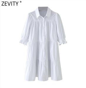 Women Turn Down Collar Pleats White Shirt Dress Chic Puff Sleeve Office Lady Vestido Business Mini DS4981 2104204514926