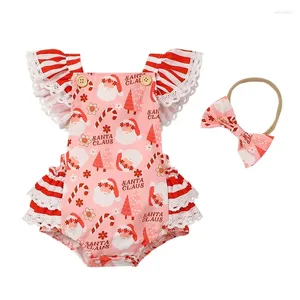 Rompers Pudcoco Infant Baby Girl Christmas Jumpsuit Set Cartoon Candy Cane Print Flying Sleeve Romper Bow Headband 0-18M
