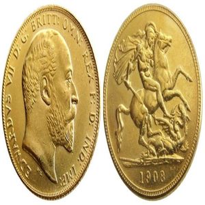 Moeda britânica rara de 1908 do Reino Unido, King Edward VII 1 Sovereign Matt 24-K, moedas de cópia banhadas a ouro 218R