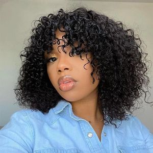 Curto encaracolado pixie corte bob peruca de cabelo humano com franja perucas de máquina completa para preto remy preplucked com cabelo do bebê jerry curl