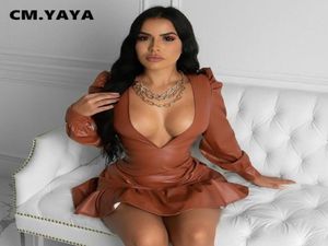 cmyaya autumn fauxレザー女性ミニボディーコンドレスセクシーなナイトクラブパーティーディープvneckフリルMermaidmidi puドレスカジュアル9462659