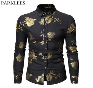 Męskie hipster Bronzing Rose Print Shirt Men Long Rleeve Gold Floral Button Down Down Shirts Black Slim Fit Chemise Hommes TOP7546884