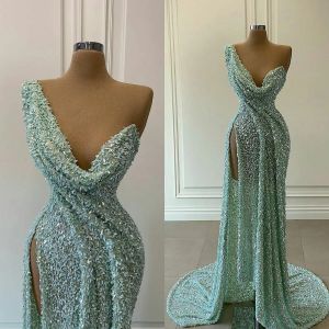 Prom Gorgeous Sequined Dresses African One Shoulder Beaded Split Evening Dress Formal Ocn Party Gowns