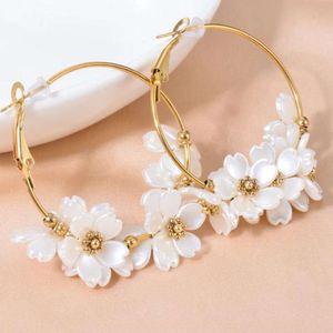 Hoop Earrings Folded Acrylic White Flower Stainless Steel Round Charming Sweet Floral Camellia Girls Ear Jewelry Gift top