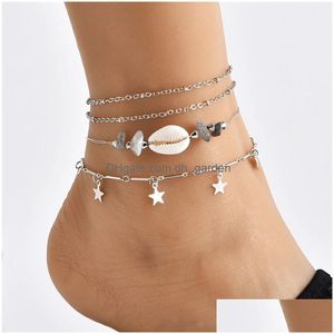 Anklets 4 Pcs/Set Boho Star Natural Shell Stone Anklet Bracelet Woman Summer Beach Vintag Sier Beads Chain On The Leg Foot Jewelry Dro Dhxrt