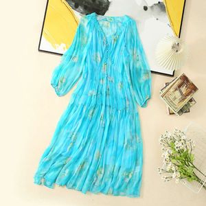 2024 Spring Summer Floral Print Paneled Buttons Silk Dress Blue 3/4 Sleeve V-Neck Single-Breasted Casual Dresses W4M1317