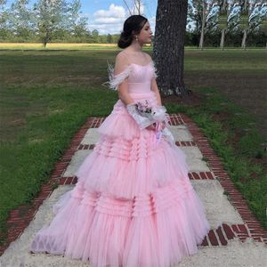 Pink Feather Prom Dresses for Graduation Party Gown Multilayer Ball Gown Birthday Dress Puffy Vestidos De Fiesta