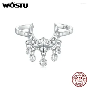 Cluster Rings Wostu 925 Sterling Silver Unique Moon Lotus Open Women Shiny CZ Tassel Justerbar Ring Party Accessories Birthday Jewelry